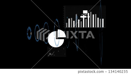 Displaying white pie chart on dashboard, with bar chart, line plot, rings and waveform lines 134140235