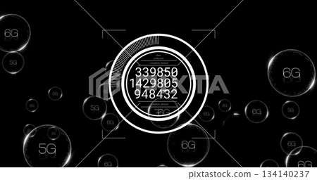 Floating 6G and 5G spheres orbiting central HUD interface in black digital space, with numeric data 134140237