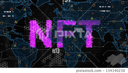 Displaying textured magenta NFT letters on digital world map HUD, with data nodes and warning icons 134140238