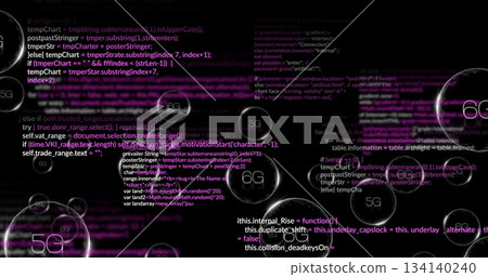 Floating translucent bubble labeled 6G over digital network, with 5G spheres, purple glitch bars Floating translucent bubble labeled 6G over digital network, with 5G spheres, purple glitch bars 134140240