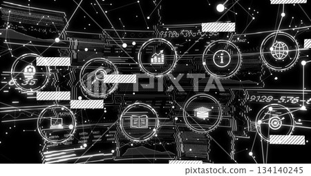 Floating circular UI icons connecting data lines in virtual space matrix, with glitch bars overlay 134140245