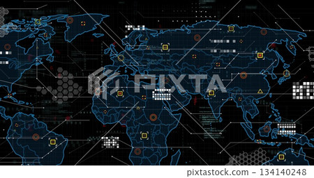 Displaying glowing blue world map outline animating across digital grid, with colored data markers Displaying glowing blue world map outline animating across digital grid, with colored data markers 134140248
