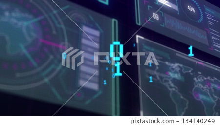 Floating blue binary digits drifting across control station panels, with bar chart and map modules 134140249