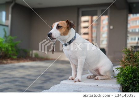 Jack Russell Terrier Dog Holding Apartment Keys.  134140353