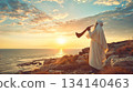 Jewish rabbi blows shofar. Yom Kippur.  134140463