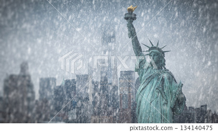 The Statue of Liberty with snow falling in the background at Christmas 134140475