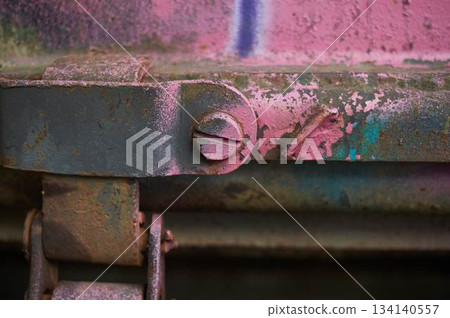 Paint on rusty metal. Rough style, background image. Railway, graffiti. 134140557