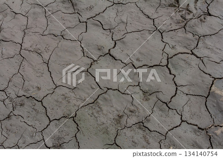 Dry cracked earth surface revealing the effects of drought conditions in a parched landscape during daylight hours Dry cracked earth surface revealing the effects of drought conditions in a parched landscape during daylight hours 134140754