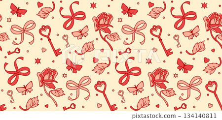 A coquette core aesthetic seamless pattern with roses, butterflies, keys, and bows in cream, scarlet, and pink. A romantic background for Valentine's Day or romantic designs A coquette core aesthetic seamless pattern with roses, butterflies, keys, and bows in cream, scarlet, and pink. A romantic background for Valentine's Day or romantic designs 134140811