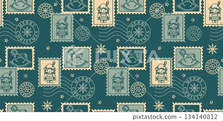 Wide horizontal seamless wallpaper. Christmas retro stamps in dark blue tone. Timeless, nostalgic vintage postcard aesthetic. Endlessly repeatable background for fabric or gift wrap 134140812