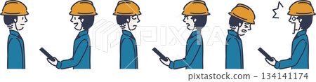 Illustration of people talking in work clothes - Two men in blue uniforms 134141174