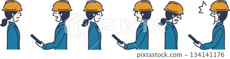 Illustration of people talking in work clothes, men and women in blue uniforms 134141176