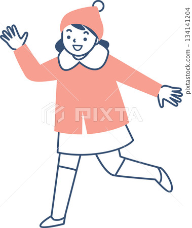 Smiling girl running in winter jacket Smiling girl running in winter jacket 134141204
