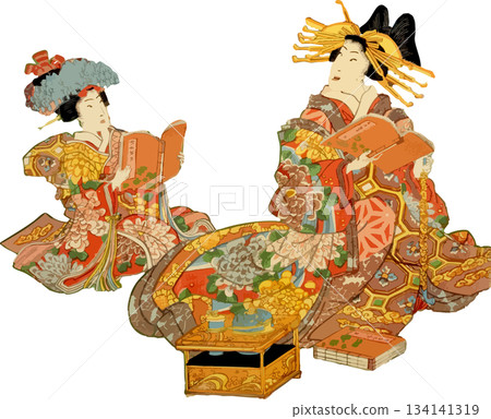 Woman and girl reading a book Woman and girl reading a book 134141319