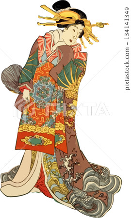 A woman in a gorgeous kimono holding a fan A woman in a gorgeous kimono holding a fan 134141349