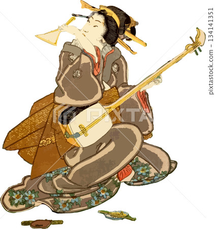 A woman practicing the shamisen A woman practicing the shamisen 134141351