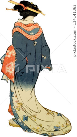 Back view of a woman in an indigo kimono 134141362