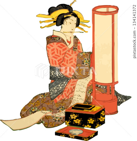 A woman writing a letter by the light of a lantern 134141372