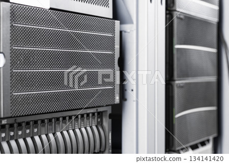 cluster of data storage SSD hard drives inside server rack cluster of data storage SSD hard drives inside server rack 134141420