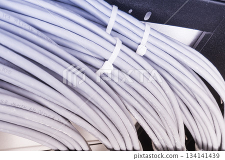 large group of UTP cables, Ethernet cables in rack cabinet, lead large group of UTP cables, Ethernet cables in rack cabinet, lead 134141439