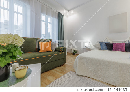 Cozy Bright Room with Green Sofa and Soft Bedding 134141485