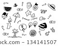 Summer hand-drawn icon set | Line art with motifs of watermelon, ice cream, palm, beach, and ocean 134141507
