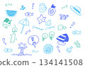Summer hand-drawn icon set | Watermelon, ice cream, palm, sea, refreshing colorful line art to brighten up your holiday 134141508