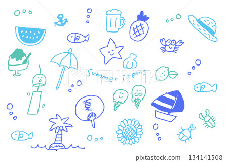 Summer hand-drawn icon set | Watermelon, ice cream, palm, sea, refreshing colorful line art to brighten up your holiday 134141508