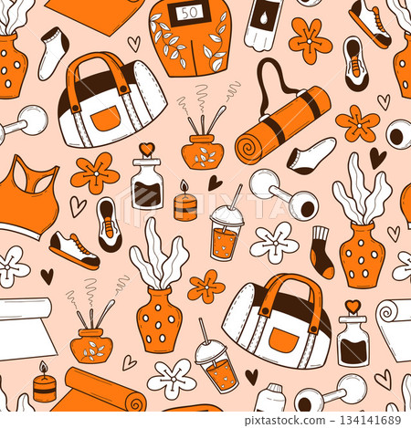 Fitness Seamless Pattern. Repeating hand-drawn Doodle Sport Equipment And Accessories for Fitness, Spa Items, Flowers on Orange Background. Vector Illustration. Not AI Fitness Seamless Pattern. Repeating hand-drawn Doodle Sport Equipment And Accessories for Fitness, Spa Items, Flowers on Orange Background. Vector Illustration. Not AI 134141689