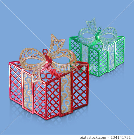 two red and green plastic gift box is placed on a blue background, fashion, gift, decor, decoration, object, ancient, antique, copy space 134141731