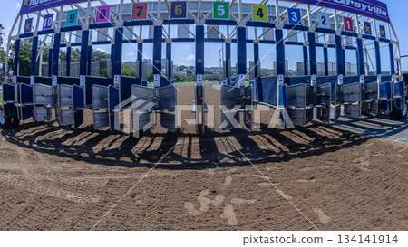 Horse Racing Starting Gate Inside Perspective Horse Racing Starting Gate Inside Perspective 134141914