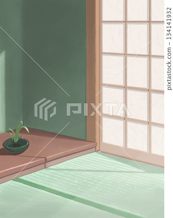 日式房間的背景插圖，柔和的光線傾瀉而入。 134141932