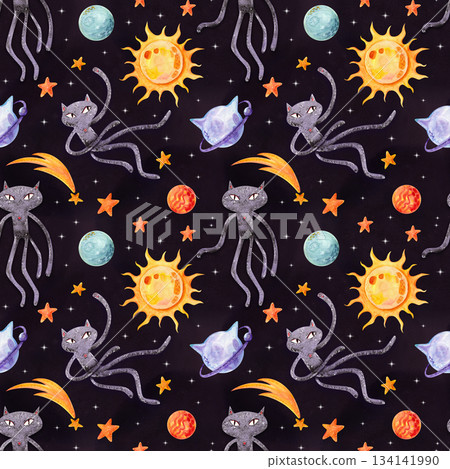 A space-themed seamless pattern with planets, stars, and cats on a dark purple background. This watercolor pattern can be used for children's and holiday textiles, fabrics, and packaging. A space-themed seamless pattern with planets, stars, and cats on a dark purple background. This watercolor pattern can be used for children's and holiday textiles, fabrics, and packaging. 134141990