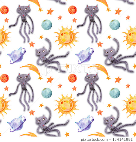 A space-themed seamless pattern with planets, stars, and cats on a white background. This watercolor pattern can be used for children's and holiday textiles, fabrics, and packaging. A space-themed seamless pattern with planets, stars, and cats on a white background. This watercolor pattern can be used for children's and holiday textiles, fabrics, and packaging. 134141991