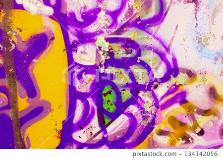 Vibrant Abstract Urban Graffiti in Neon Purple, Yellow, Green for 80s, Street Art Aesthetic 134142056