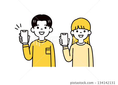 一組十幾歲到二十幾歲的年輕男女展示智慧型手機螢幕的上半身向量插圖素材。 134142131
