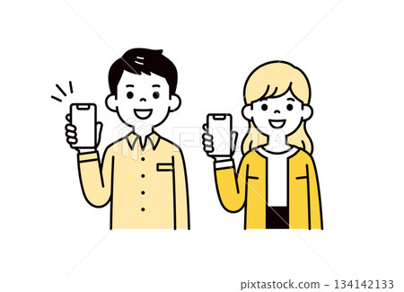 一組20多歲和30多歲的年輕男女展示智慧型手機螢幕的上半身向量插圖素材。 134142133