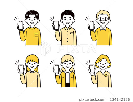 Showing the screen of a smartphone, upper body vector illustration set of men and women of various ages Showing the screen of a smartphone, upper body vector illustration set of men and women of various ages 134142136