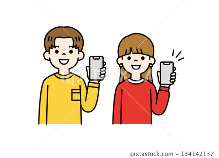 左手展示智慧型手機螢幕，年輕男女上半身向量插圖素材集_彩色 134142137