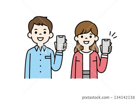 Showing the screen of a smartphone with the left hand, upper body vector illustration material set of a man, woman and couple _ color 134142138