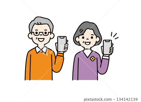 Showing the screen of a smartphone with the left hand, upper body vector illustration material set of elderly men and women _ color 134142139