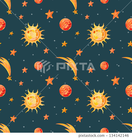 A space-themed seamless pattern with yellow and orange watercolor illustrations of stars, the sun, and planets on a dark blue background. Designed for textiles, packaging A space-themed seamless pattern with yellow and orange watercolor illustrations of stars, the sun, and planets on a dark blue background. Designed for textiles, packaging 134142146