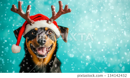 Cute dog in festive antlers on a snowy blue background Cute dog in festive antlers on a snowy blue background 134142432
