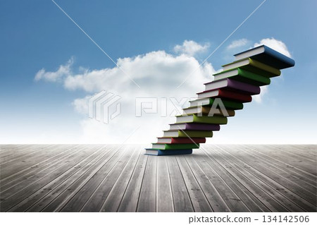 Book staircase ascending into sky with clouds over wooden platform extending horizon in flat design 134142506