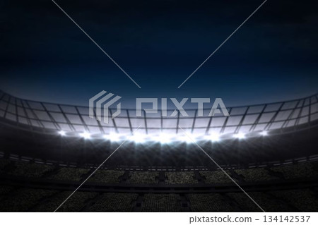 Empty stadium seating bowl is glowing at night in flat design under floodlights and curved truss 134142537
