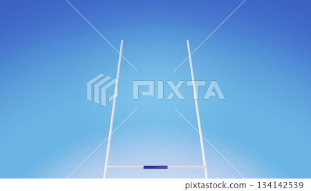 White goalposts are standing against smooth blue gradient sky, minimalist flat design illustration 134142539
