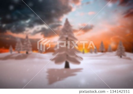 Winter landscape is unfolding in flat design, showing snow-laden pine tree, flurries, sunset sky 134142551
