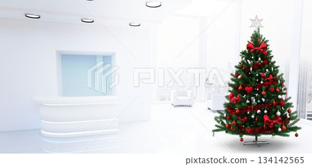 Flat design reception is showing desk, chairs by city-view windows, Christmas tree with star topper Flat design reception is showing desk, chairs by city-view windows, Christmas tree with star topper 134142565