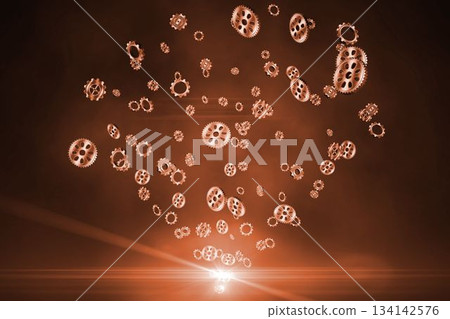 Metallic bronze gears are floating, scattering above light on orange-brown gradient in flat design Metallic bronze gears are floating, scattering above light on orange-brown gradient in flat design 134142576