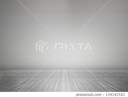 Vacant room is being shown in flat design, featuring gray cinder block wall and wooden floor Vacant room is being shown in flat design, featuring gray cinder block wall and wooden floor 134142581